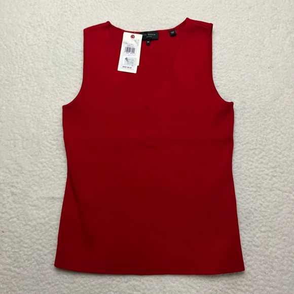 Ted Baker Tank Top Womens M Red Salsa V-Neck Ribbed Knit Shell Sleeveless 251201 - Picture 2 of 8
